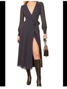 REFORMATION | Navy Polka Dot Midi wrap Dress